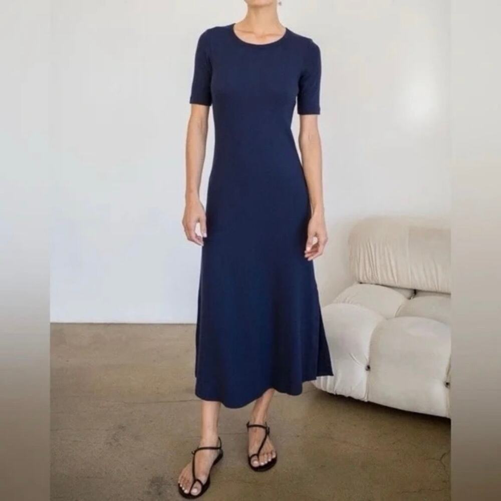 NEW AYR The Moderne Ribbed Midi Dress City Sky Navy Blue XS‎ Classic Minimalist